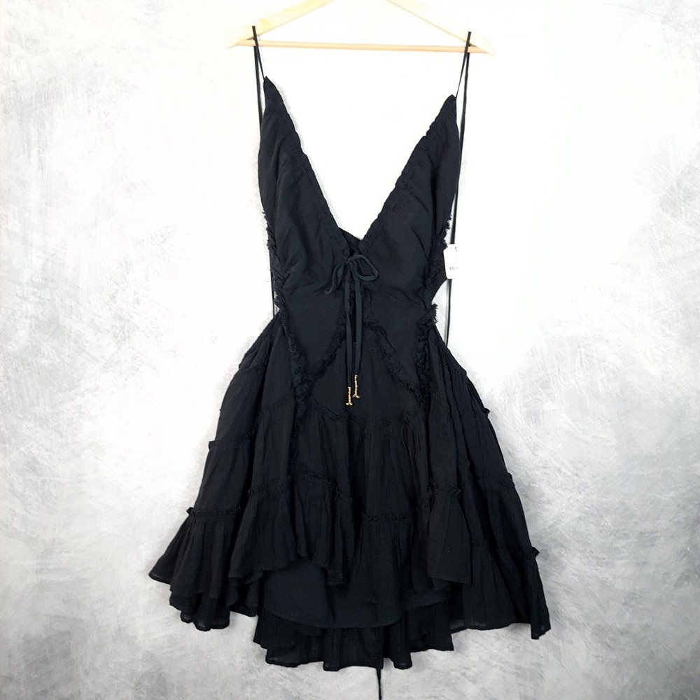 Free People Dress Womens Small Black Tiered Ruffle V-Neck Strappy Gypsy Magnolia